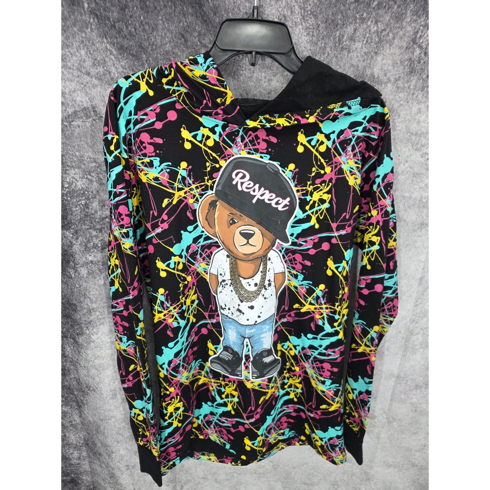 Vibes Hoodie Mens Medium Respect Teddy Bear Paint Splatter Graphic Hip Hop Artsy